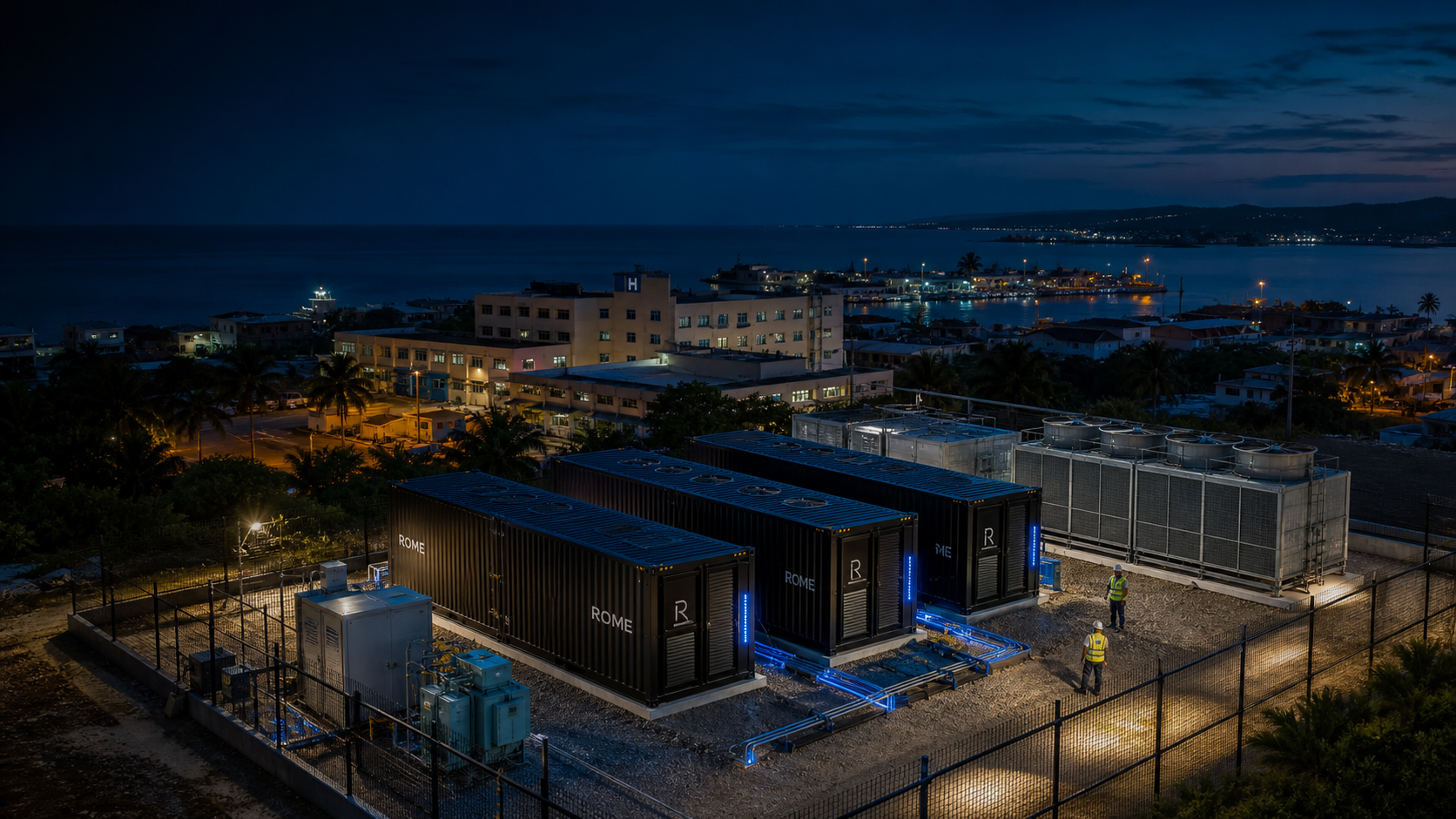 A coastal ROME AI infrastructure campus operating beside a hospital and port