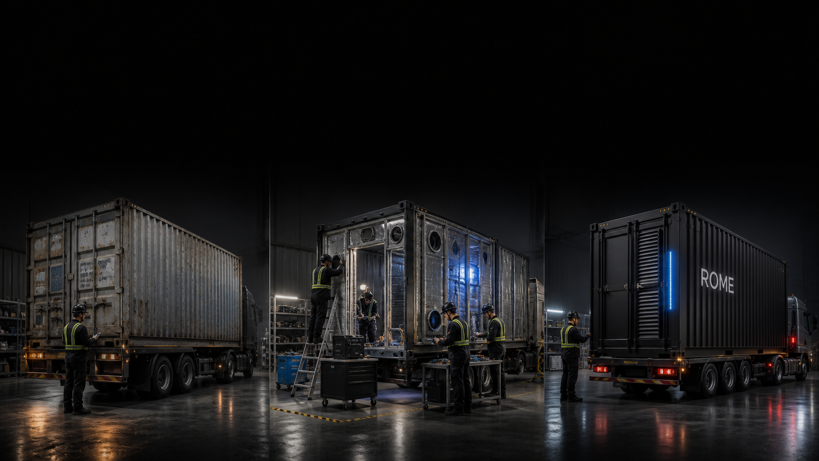 Lifecycle visualization from recovered shipping container through factory conversion into a ROME infrastructure module
