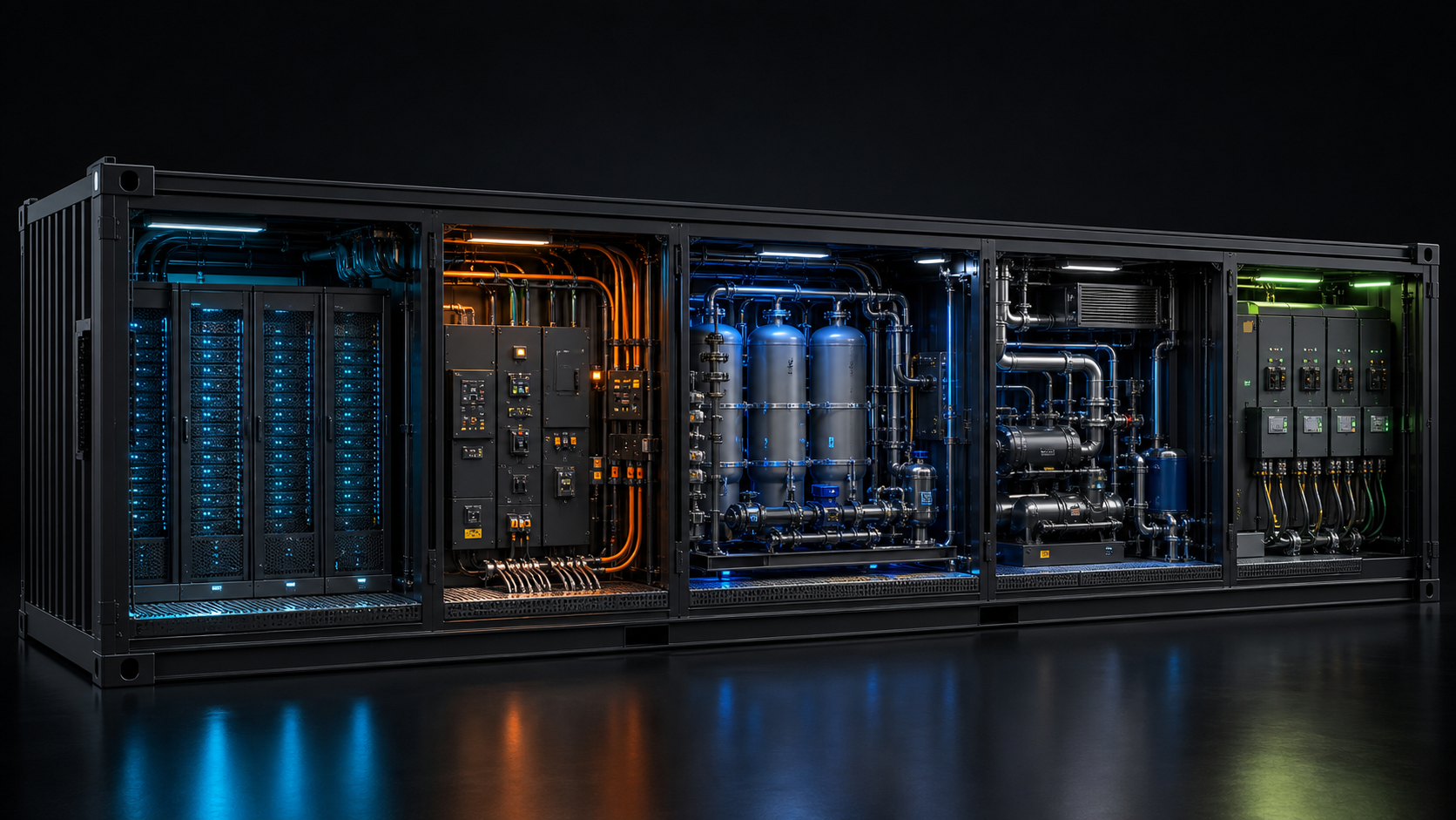Cutaway view of a ROME module showing integrated compute, power, water and thermal systems
