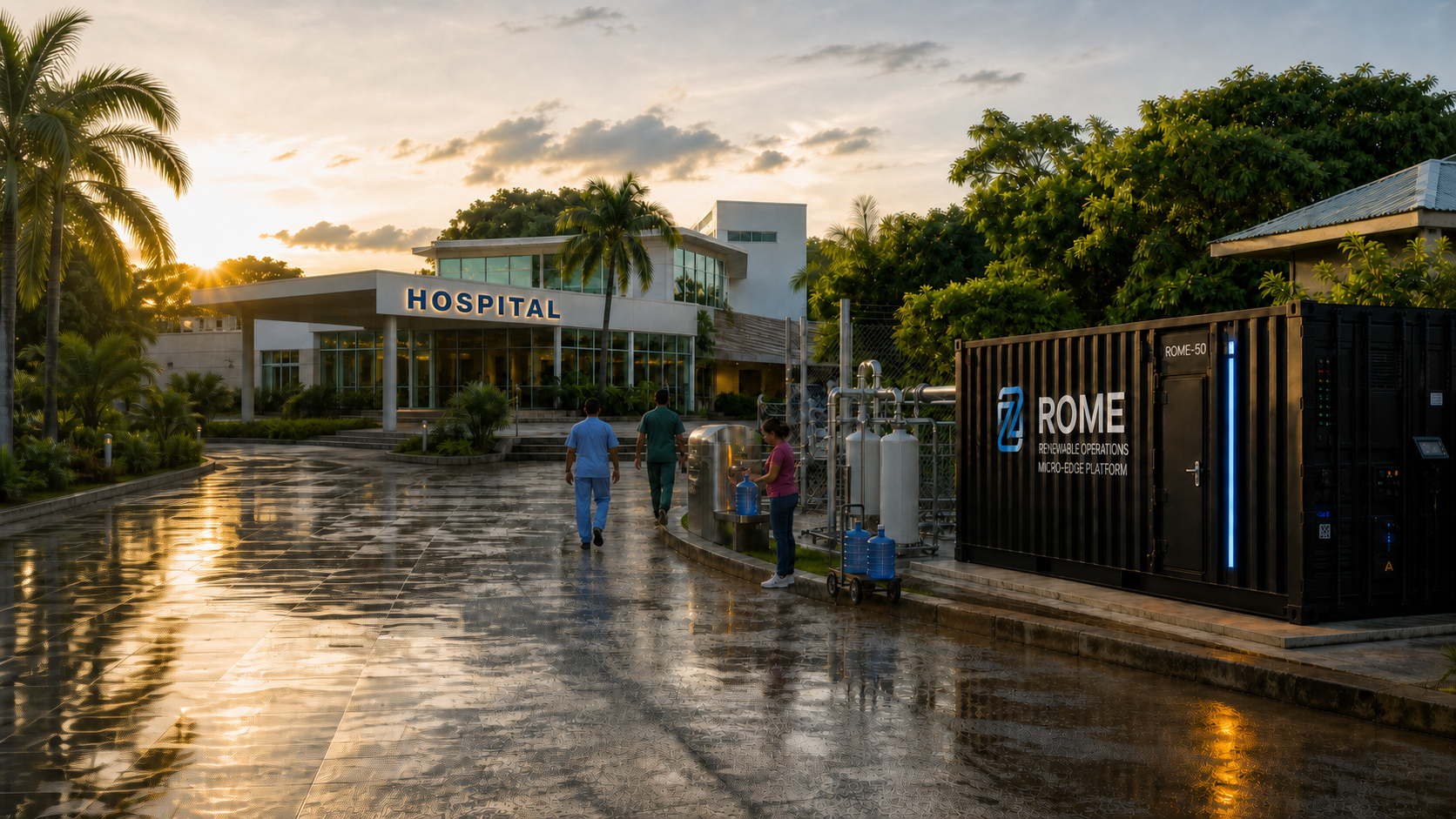 A ROME module serving a tropical hospital with water treatment equipment and a person using a water cart