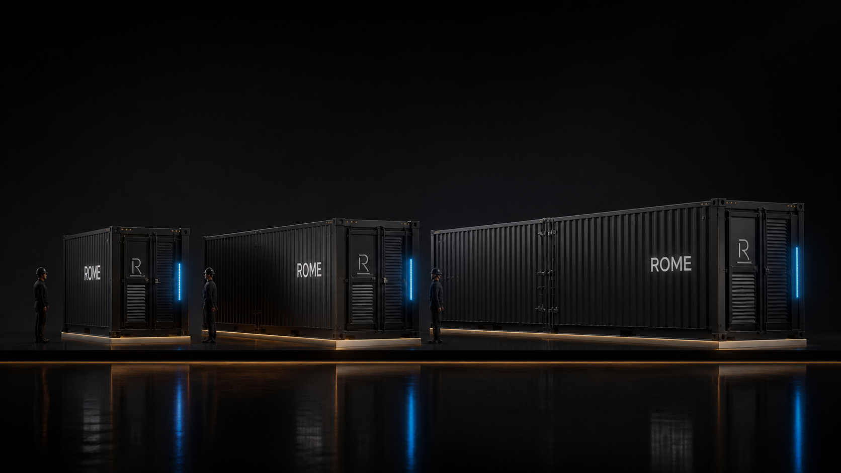 Three sizes of black ROME modular infrastructure units